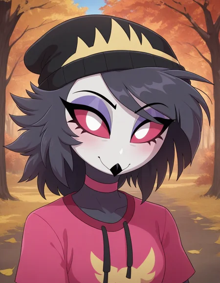 octavia \(helluva boss\), octavia, anthro, furry, furry female, owl girl, owl demon, beak, red sclera, white pupils, short hair, messy hair, dark blue hair, swept bangs, gray fur,pink choker, shirt, rugby_shirt, Fluorescent Yellow shirt, joggers, trail_runners, beanie, drawstring_bag, Xer0shad0ws