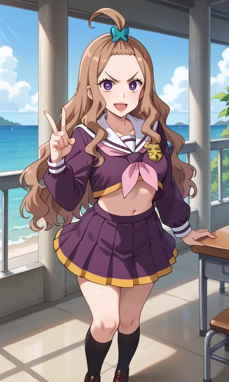 1girl, (solo:1.3), (score_9, score_8_up, score_7_up, score_6_up, score_5_up, score_4_up), (source_anime), rating_questionable, (full body:1.3), looking at viewer, 
, <lora:tm-ageha_v1:1> (tm-ageha), (brown hair, long hair, wavy hair, bangs pinned back, forehead, ahoge, hair ornament, purple eyes, lips, lipstick, makeup), (purple school uniform, sailor collar, long sleeves, neckerchief, midriff, navel, purple miniskirt, pleated skirt, fingernails, black socks, kneehighs, brown footwear, loafers), (large breasts), (v-shaped eyebrows:1.3),  
open mouth, smile,  balcony, open terrace, blue sky,  symmetry, front elevation, reference sheet, kicking,