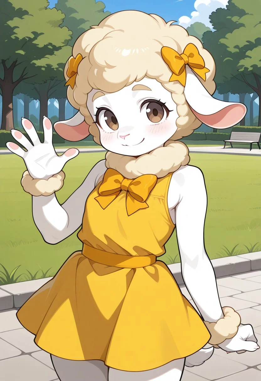 score_9,score_8_up,score_7_up,score_6_up, masterpiece, best quality, very aesthetic, 2d, ((thin lines)), detailed,
detailed background, outdoors, park, day, grass, blue sky,
BREAK
1girl, (face focus), solo, female, Perfect Body, (Perfect Anatomy),Woolma, sheep, wool hair, wool collar, yellow wool, anthro, furry female white skin, yellow wool, (non-human), wrist wool trims,
smile, looking at viewer,
yellow dress, yellow bow, (sleeveless),
(cowboy shot:1.3), (from the front),
standing, waving at viewer, dynamic pose, wide stance,