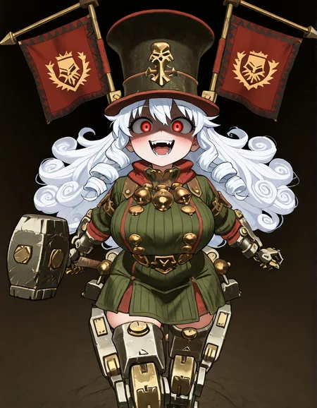 (2D,masterpiece,best quality,amazing quality,very aesthetic,high resolution,looking at viewer,ultra-detailed,,solo,source_anime,cute,curvy,lovely,Simple black background), Astragoth Ironhand,top hat,flag,(holding Hammer:1.2),Iron hand,clothes,ride mecha,white hair,curly hair,long hair,Shortstack,rape face, orgasm face, glowing red eyes, open smile, reverse_rape, open mouth,shaded face, scared face, yandere,fangs,blush,mechanical leg,<lora:Astragoth_Ironhand:1>, <lora:ValbunStyle-IL:0.6>