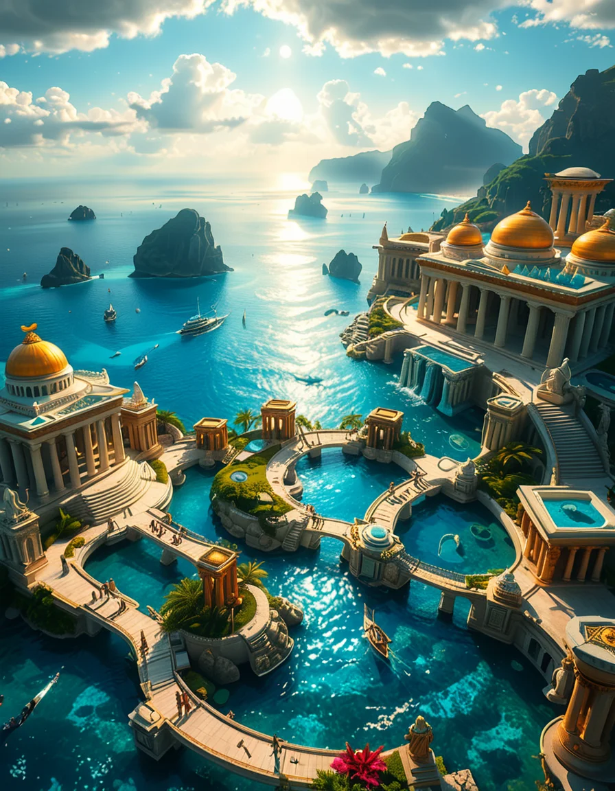 A breathtaking view of the lost city of Atlantis, submerged beneath crystal-clear ocean waters. The city showcases a magnificent blend of ancient Greek and futuristic architecture, with towering marble temples, golden domes, and intricate carvings glowing under the soft bioluminescent light of coral reefs. Majestic pillars and archways, partially covered in coral and algae, rise from the ocean floor, creating an atmosphere of mystery and forgotten grandeur. The sunlight filters through the water, casting shimmering patterns on the grand stone pathways and illuminating massive statues of gods and mythical beings, eroded by time. The scene is peaceful and awe-inspiring, with an ethereal blue glow enhancing the dreamlike, almost magical quality of this underwater utopia. No marine creatures or human presence disrupt the timeless serenity of this lost civilization.
 <lora:atl4nt1s:1>,atl4nt1s,<lora:SDXLFaeTastic2400:0.4> <lora:extremely_detailed:0.4> extremely detailed, Masterpiece,best quality,hi res,8k,hi res,8k,award winning,(sharp focus, intricate, highly detailed),