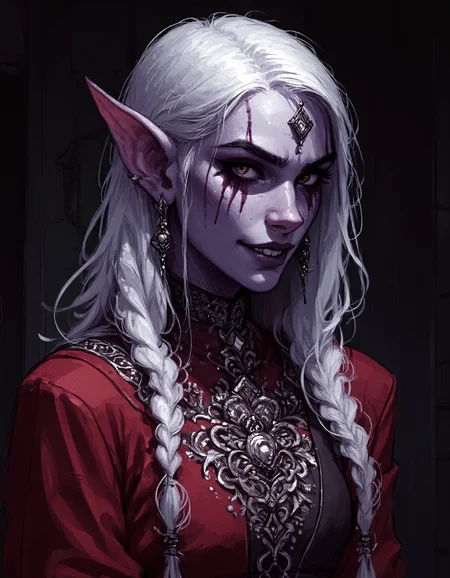 cflxillst
wc1dnd_style
FFRussNicholson
A highly detailed close-up portrait of a dark elf noble woman.
She has a crazy and insane look and her mouth is distorted into an ugly and evil grin
She wears a luxurious dark red tunic richly embroidered with intricate silver patterns.
She has small breast and is otherwise highly seductive.
Her light purple skin contrasts elegantly with the fine fabric.
Her long, silver-white hair cascades down her shoulders in soft waves.
The lighting is dramatic, casting deep shadows that emphasize her sharp, angular features.
The background is blurred and dark, evoking the mysterious depths of the underworld.