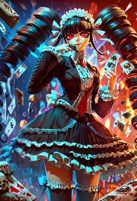 (score_9,score_8_up,score_7_up,score_6_up,score_5_up,score_4_up), 4k,<lora:celestia-ludenberg-s1-ponyxl-lora-nochekaiser:1>,celestia ludenberg,long hair,bangs,black hairred eyes,long sleeves,twintails, drill hair,twin drills,danganronpa_(series),1girl,(slimes_skullwm),skull shaped sclera,(wide hips),thick thighs,curvy,(serious),(casino),(maid dress),(gothic),TV in background,(coins),(flying cards),(jewelry),large breasts,(hand sign),(neon lights),(posing),(print red necktie),holding card,crystal ball,print maid outfit,wooden table,card made of skulls, (masterpiece,best quality),<lora:Pony_QualityV4.0.safetensors:1.0>, (high quality,detailed),<lora:Pony_DetailV2.0.safetensors:1.0>,best shadow,4k,<lora:blood_orange_world_morph_sdxl.safetensors:1.0>