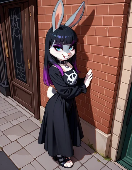 masterpiece, best quality, very aesthetic, absurdres,
outdoors, goth fashion,
full body, posing, standing,
seductive smile, parted lips, long eyelashes,
<lora:Goth_Bugs_Bunny_v01_NAIXL:1>
G07h88,1girl,solo,furry,furry female,rabbit girl,rabbit ears,long hair,multicolored hair,black hair,purple hair,blunt bangs,rabbit ears,piercing,blue eyes,makeup,eyeshadow,snout,animal nose,whiskers,buck teeth,collar,body fur,two-tone fur,grey fur,white fur,rabbit tail,