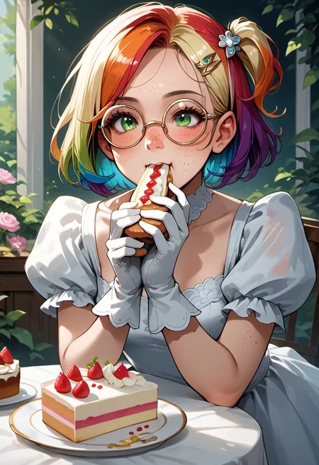 score_9, score_8_up, score_7_up, source_anime, short hair, 1girl, gloves, food, one side up, eating, cake, blush, solo, dress, hair ornament, flower, Mycelia, (rainbow colored hair), candy hairclip, round glasses, green eyes, freckles, petite