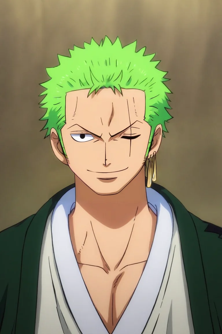 score_9, score_8_up, score_7_up, source_anime, intricate details, (3d:0.4), looking at viewer, upper body, depth of field, 1boy, solo, male focus, <lora:zoro_roronoa_pony:0.94>, zoro_roronoa, green hair, black eyes, short hair, post timeskip, wano country arc, chonmage, japanese clothes, green kimono, scar across eye, one eye closed, smile, , Oz: A land of enchantment, where anything is possible, , <lora:sdxl_lightning_8step_lora:1>