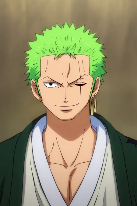 score_9, score_8_up, score_7_up, source_anime, intricate details, (3d:0.4), looking at viewer, upper body, depth of field, 1boy, solo, male focus, <lora:zoro_roronoa_pony:0.94>, zoro_roronoa, green hair, black eyes, short hair, post timeskip, wano country arc, chonmage, japanese clothes, green kimono, scar across eye, one eye closed, smile, , Oz: A land of enchantment, where anything is possible, , <lora:sdxl_lightning_8step_lora:1>