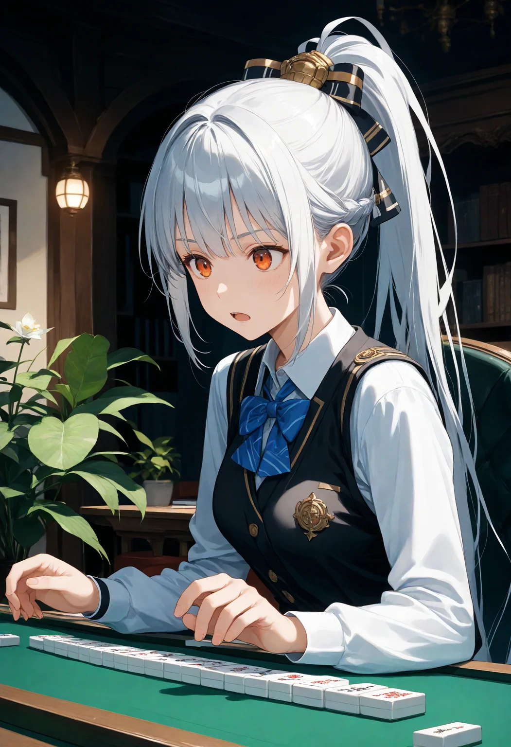 score_9, score_8_up, score_7_up , source_anime, masterpiece, best quality, perfect anatomy , very aesthetic , absurdres ,
1girl, school uniform, medium breasts, solo,<lora:mahjong_Pony_v1:0.9>
mahjong, mahjong tile, mahjong table, board game, playing games,holding mahjong tile,indoors, sitting, chair,
from side, upper body, looking away,silver hair, orange eyes,open mouth, high ponytail hair, grimace