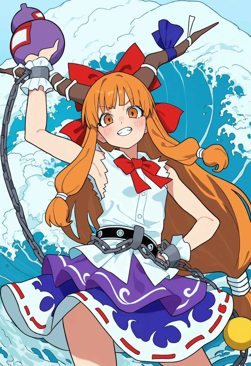 ,ibuki suika, 1girl, solo, long hair, breasts, looking at viewer, blush, smile, shirt, skirt, brown hair, holding, bow, ribbon, bare shoulders, very long hair, standing, white shirt, yellow eyes, sidelocks, hair bow, cowboy shot, small breasts, horns, sleeveless, collared shirt, belt, bowtie, water, orange hair, grin, red bow, arm up, blue skirt, v-shaped eyebrows, orange eyes, wrist cuffs, hand on own hip, sleeveless shirt, neck ribbon, chain, wing collar, red bowtie, rope, ribbon trim, low-tied long hair, cuffs, purple skirt, contrapposto, oni, ofuda, horn ornament, shackles, orb, horn ribbon, waves, gourd, ribbon-trimmed skirt, brown horns, ball and chain restraint,,masterpiece,best quality,newest,absurdres,highres,very awa <lora:None:1.0> <lora:Himuro_Yukichiko_Style-000012:0.9500000000000002>