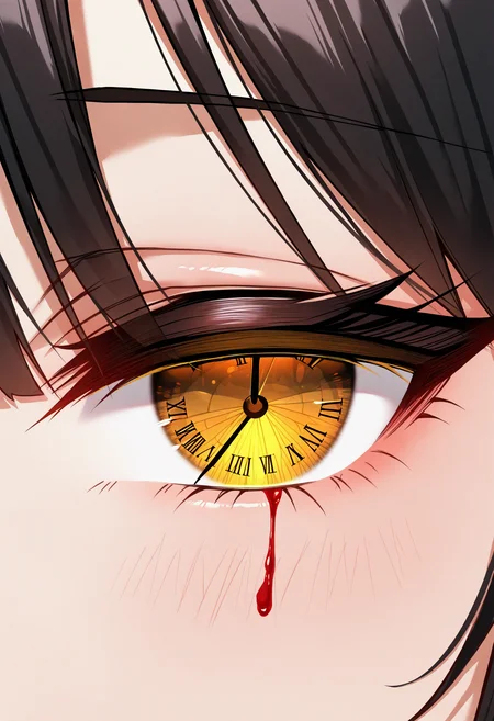 masterpiece, best quality,  <lora:ChamKurumiIllustriousXL:1>, KrmiDef, clock eyes, yellow eye, black hair, long hair, close-up, eye focus, seductive smile, roman numeral, [:blood from eye:8]