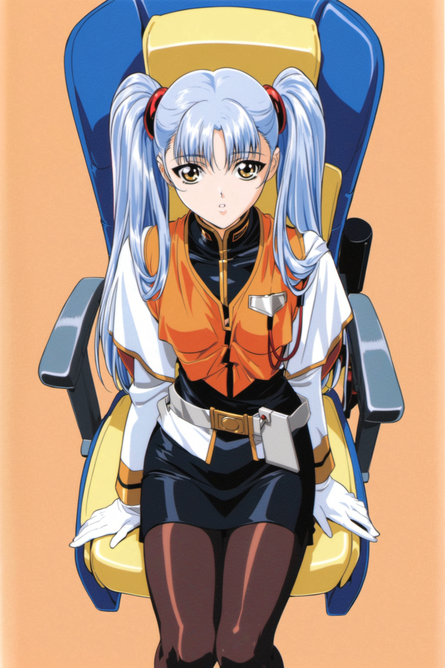 Hoshino Ruri,1girl,solo,pantyhose,twintails,sitting,long hair,skirt,pencil skirt,yellow eyes,blue hair,1990s \(style\),gloves,simple background,white background,long sleeves,chair,parted lips,retro artstyle,black skirt,miniskirt,uniform,from above,<lora:Keiji Gotoh_XL:0.8>,