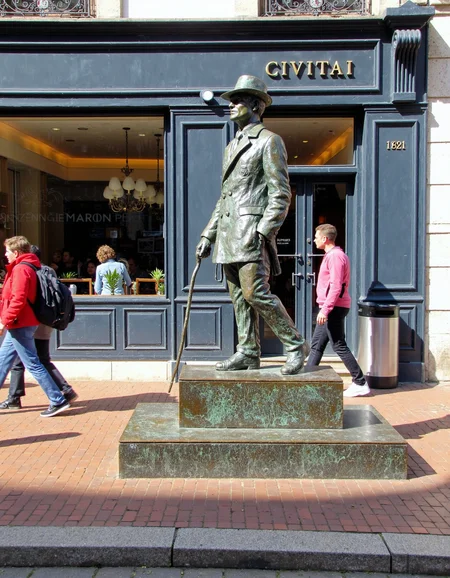 A medium shot capturing a street scene featuring a bronze statue of a man in a suit and hat, located in front of a café called "CIVITAI." The statue is positioned slightly off-center, standing on a raised platform with one leg slightly bent and holding a cane in his right hand. The man in the statue is dressed in a formal overcoat and hat, with one hand in his pocket and his face looking forward. The sculpture's patina adds a rich greenish-brown hue to the weathered bronze. In the background, the storefront of "CIVITAI" features large glass windows, with customers seated inside visible through the glass. The building has a gray facade with dark blue trim around the windows and doorways. The reflection of warm indoor lighting can be seen through the windows, adding contrast to the bustling street scene outside. Several people are walking past the statue. On the left, a woman inside the café is seated near the window, while outside, a man in a red jacket with a backpack walks towards the camera. Another person in a pink jacket is walking in the opposite direction. The sidewalk and the street are paved with reddish-brown bricks, and a modern trash bin stands to the right of the statue. The bright, natural sunlight casts shadows across the pavement and the statue, indicating a daytime setting, likely in the morning or afternoon. The street appears to be part of a busy urban area, with people going about their daily activities in front of the prominent café and statue <lora:amateurphoto-v6-forcu:0.8>