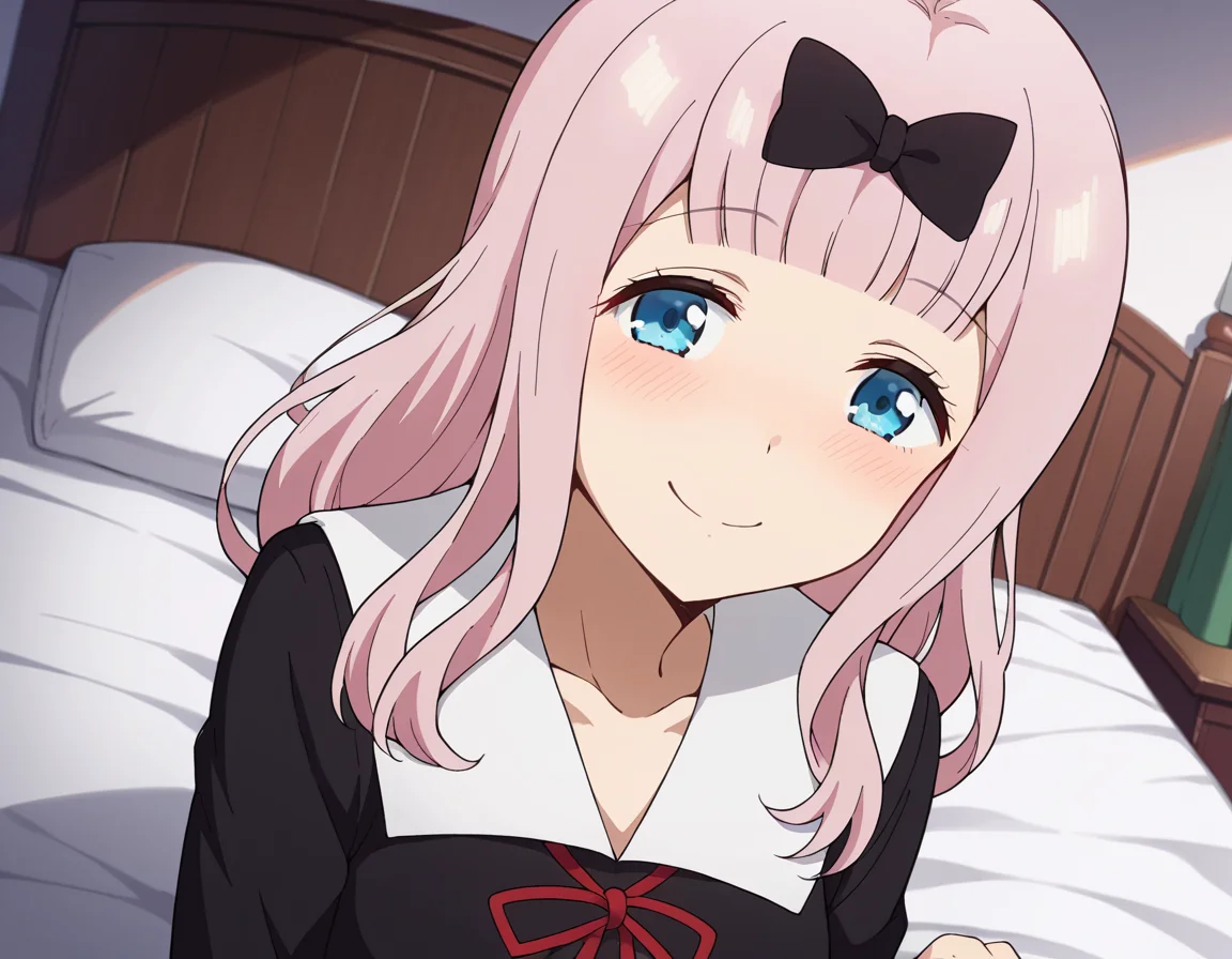 score_9, score_8_up, score_7_up, source_anime,
chikafujiwara, <lora:chika-fujiwara-s3-ponyxl-lora-nochekaiser:1>,
chika fujiwara, long hair, bangs, blue eyes, bow, pink hair, hair bow, blunt bangs, black bow, smile, mature female,
long sleeves, dress, ribbon, school uniform, collarbone, black dress, sailor collar, white sailor collar, red ribbon, neck ribbon, shuuchiin academy school uniform,
indoors, bed, bed room, on side, blush, drunk,
looking at viewer, cowboy shot, dutch angle,