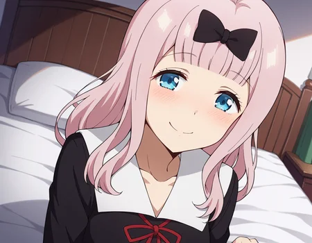 score_9, score_8_up, score_7_up, source_anime,
chikafujiwara, <lora:chika-fujiwara-s3-ponyxl-lora-nochekaiser:1>,
chika fujiwara, long hair, bangs, blue eyes, bow, pink hair, hair bow, blunt bangs, black bow, smile, mature female,
long sleeves, dress, ribbon, school uniform, collarbone, black dress, sailor collar, white sailor collar, red ribbon, neck ribbon, shuuchiin academy school uniform,
indoors, bed, bed room, on side, blush, drunk,
looking at viewer, cowboy shot, dutch angle,