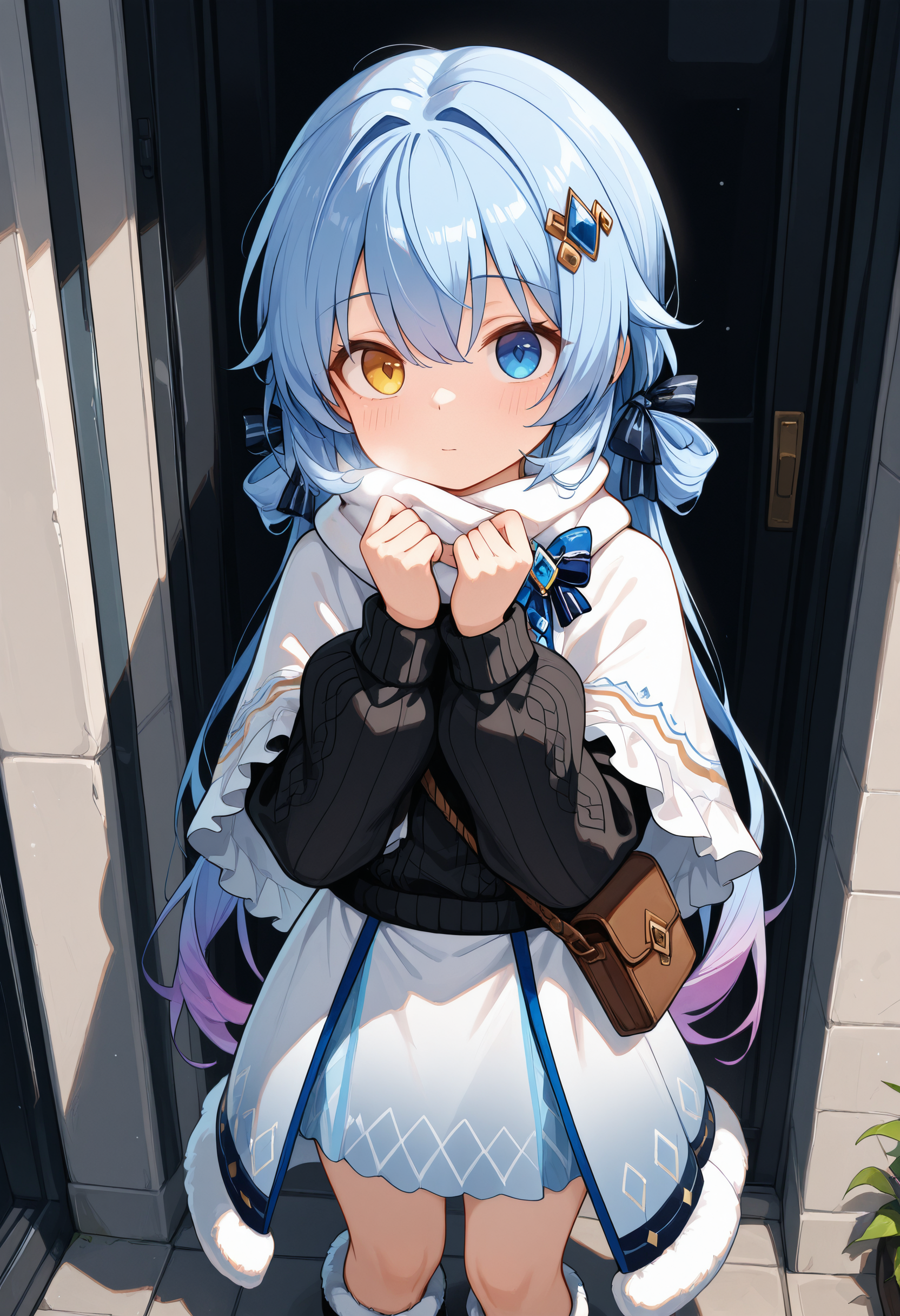 masterpiece, best quality, amazing quality,  <lora:illuSPP-1e21:1> 1girl, solo, SPP-1GFL, long hair, blue hair, low twintails, gradient hair, blue eyes, heterochromia, yellow eye, hair ribbons, diamond hair ornament, white frilled shawl, white scarf, black sweater, long sleeves, white-blue overskirt, fur-trimmed overskirt, gradient miniskirt, black boots, fur-trimmed boots, brown satchel, standing,
