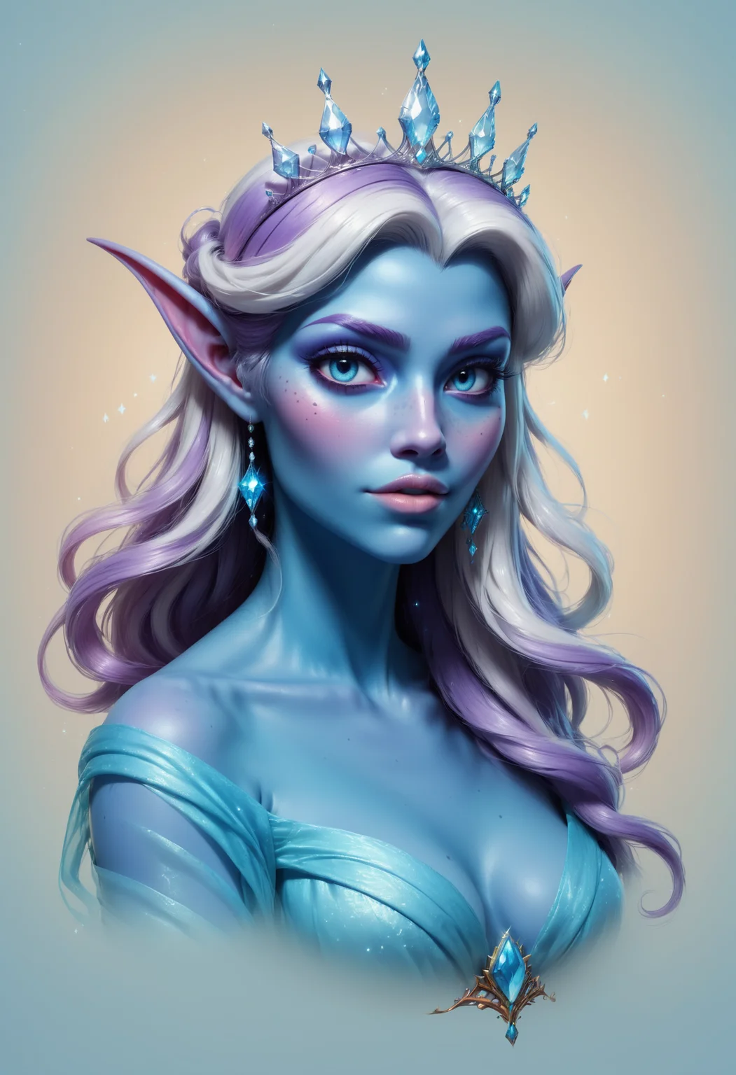 Faded Headshot, faded bottom, faded edges  <lora:FadedHeadshot:0.8>,score_9,score_8_up,score_7_up,score_6_up,score_5_up,score_4_up  beautiful dark elven woman, white hair, blue skin, pouty lips, freckles, realistic, wearing a transparent white gossamer gown, illuminated face, beautiful diamond tiara, pointed ears