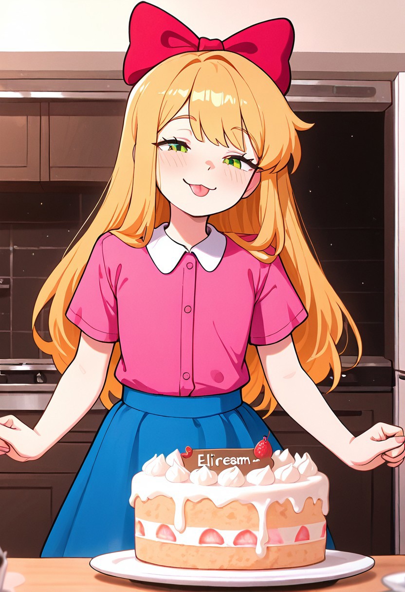 masterpiece, best quality, amazing quality, very aesthetic, absurdres, newest, detailed background, foreground blur, (( cartoon,  )),
elizabafton, 1girl, red bow , hair bow, long hair,  blonde ginger, hair, green eyes, short sleeves, bright pink buttoned shirt, blue skirt, flat chest, 
smile, half closed eyes, :3, tongue out, covered in ice cream, baking cake, short,