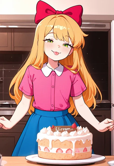 masterpiece, best quality, amazing quality, very aesthetic, absurdres, newest, detailed background, foreground blur, (( cartoon,  )),
elizabafton, 1girl, red bow , hair bow, long hair,  blonde ginger, hair, green eyes, short sleeves, bright pink buttoned shirt, blue skirt, flat chest, 
smile, half closed eyes, :3, tongue out, covered in ice cream, baking cake, short,
