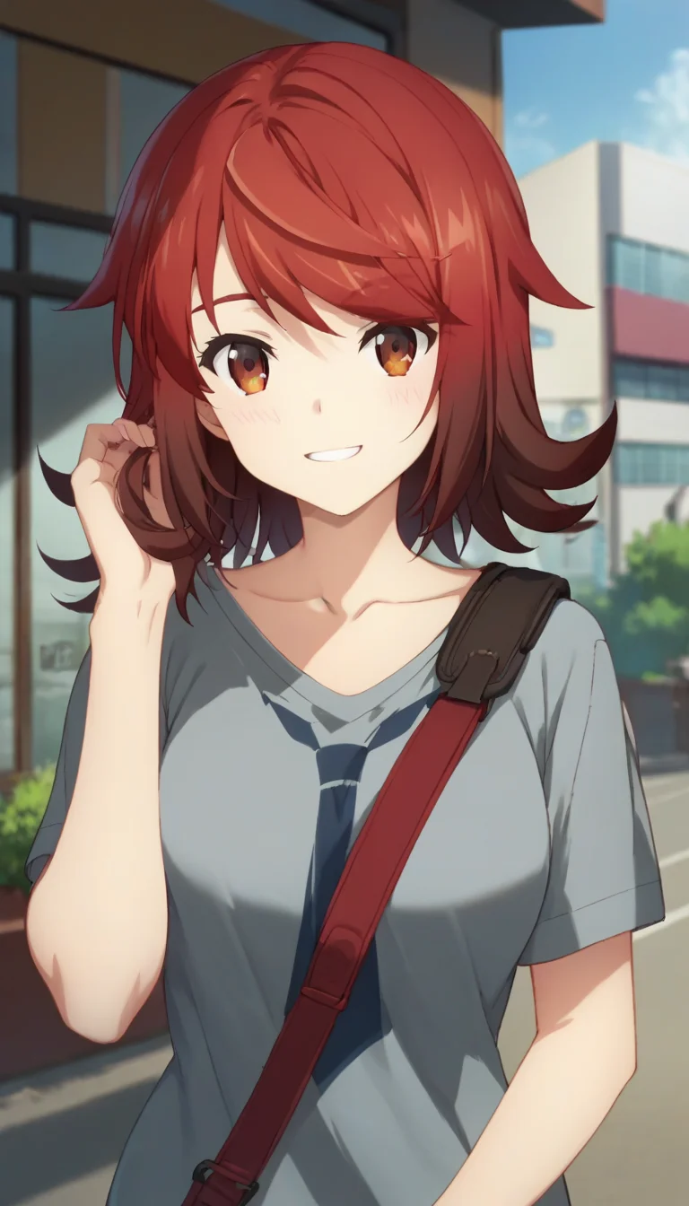 score_9,score_8_up,score_7_up,score_6_up BREAK official art,solo,outdoors,upper body,(portrait:1.5),looking at viewer,facing viewer,smile,blush,Enjo Retto,medium hair,red hair,gradient hair,brown hair,bangs,brown eyes,collarbone,t-shirt,grey shirt,short sleeves,medium breasts,skindentation,black pants,thighs,loafers,<lora:Enjo Retto(dhh)-Pony:1.6>,