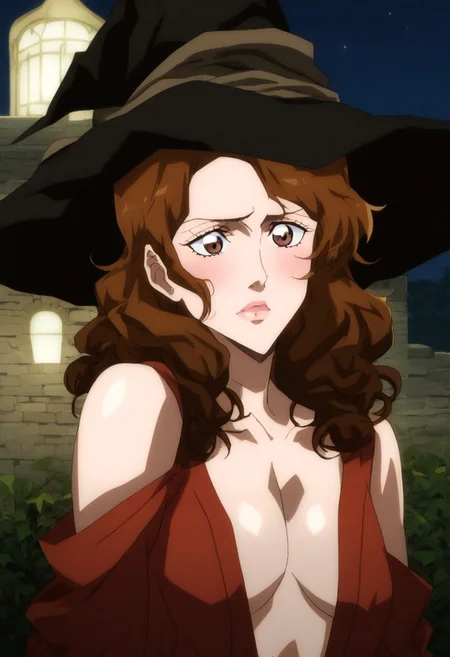 score_9, score_8_up, score_7_up, score_6_up, score_5_up, score_4_up, Castlevania_(Netflix) style, (perfect face, perfect eyes), 1girl, hermione_granger from Harry_Potter, light-skinned_female, medium hair, brown hair, curly hair, (gradient hair), lips, bang, wavy hair, eyelashes, brown eyes, lips, pink blush, shy, bleach style, wearing robe, witch hat, bare shoulders, covered_navel,
Outside at night, a witches hut 
in the distance, towers, stone,AddXL, sm_an_stl ,source_anime, anime screencap, anime, animification, uru5h1h4r4