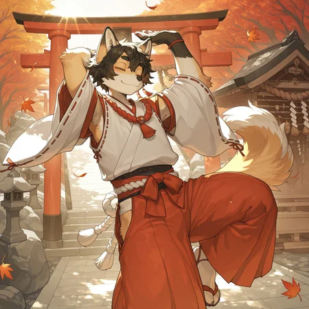 solo, furry, male focus,dog boy,japanese clothes,sash,armpits cutout,miko,dynamic pose,dancing,smile,closed eyes,shrine ,torii ,shimenawa,rope,stone,east asian architecture ,leaf ,autumn,sunlight ,masterpiece,best quality,amazing quality, sensitive, milkybot,