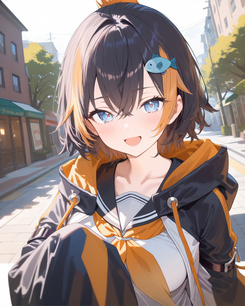 1girl,
PetraGurinNijisanji,
safe, solo, perspective, dutch angle, upper body,
dating, looking at viewer, \:d,
fish hair ornament,
two-tone hoodie, long sleeves,
sleeves past fingers,
arm strap,
black sailor collar, orange neckerchief,
white shirt, large breasts, white shirt, 
day, street,
depth of field,
<lora:kp_PetraGurinNijisanji1stCostumeAnimagineXL_v1_1:1.0>,
masterpiece, high score, great score, absurdres