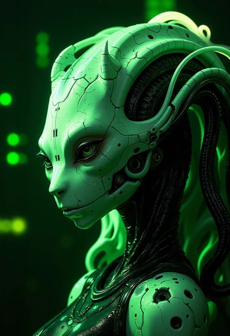 A mesmerizing close-up portrait of an alien cat, her striking features blending extraterrestrial elegance with subtle mechanical elements. Cat skin has a smooth, otherworldly texture, adorned with small, organic patterns. Her long, wavy hair cascades around her face, but in the Gameboy-style palette of green, white, and black. Mechanical elements are seamlessly integrated into her face and neck—sharp, angular pieces emerge like delicate circuitry. The chiaroscuro-inspired lighting brings deep contrast, with bold shadows enhancing her alien beauty. The background features a cyberpunk workshop, and the limited palette emphasize the alien and mechanical features, while a soft green glow outlines parts of her face and hair, creating a futuristic yet nostalgic visual reminiscent of early handheld gaming