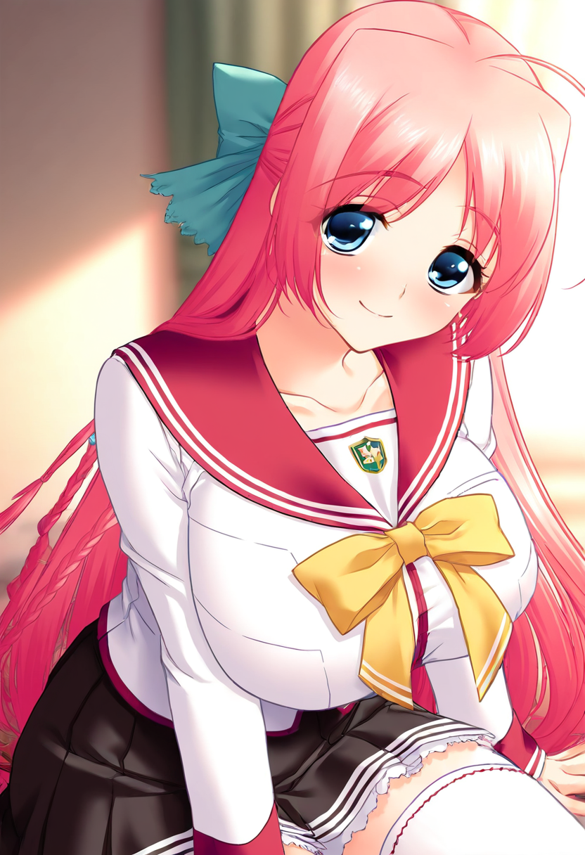 <lora:miyaIL:1>m1ya,long hair,blush,blue eyes,large breasts,ribbon,pink hair,braid,ahoge,white and red school uniform,long sleeves,serafuku,yellow bow,pleated skirt,thighhighs,smile very awa, masterpiece, best quality, amazing quality, very aesthetic, absurdres, sensitive, newest <lora:spo_sdxl_10ep_4k-data_lora_webui:0.7>,