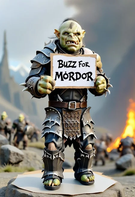 buzz, Orc1024, orc, a orc holding a cardboard sign that reads "buzz for Mordor", mordor background <lora:buzz-text:.8>