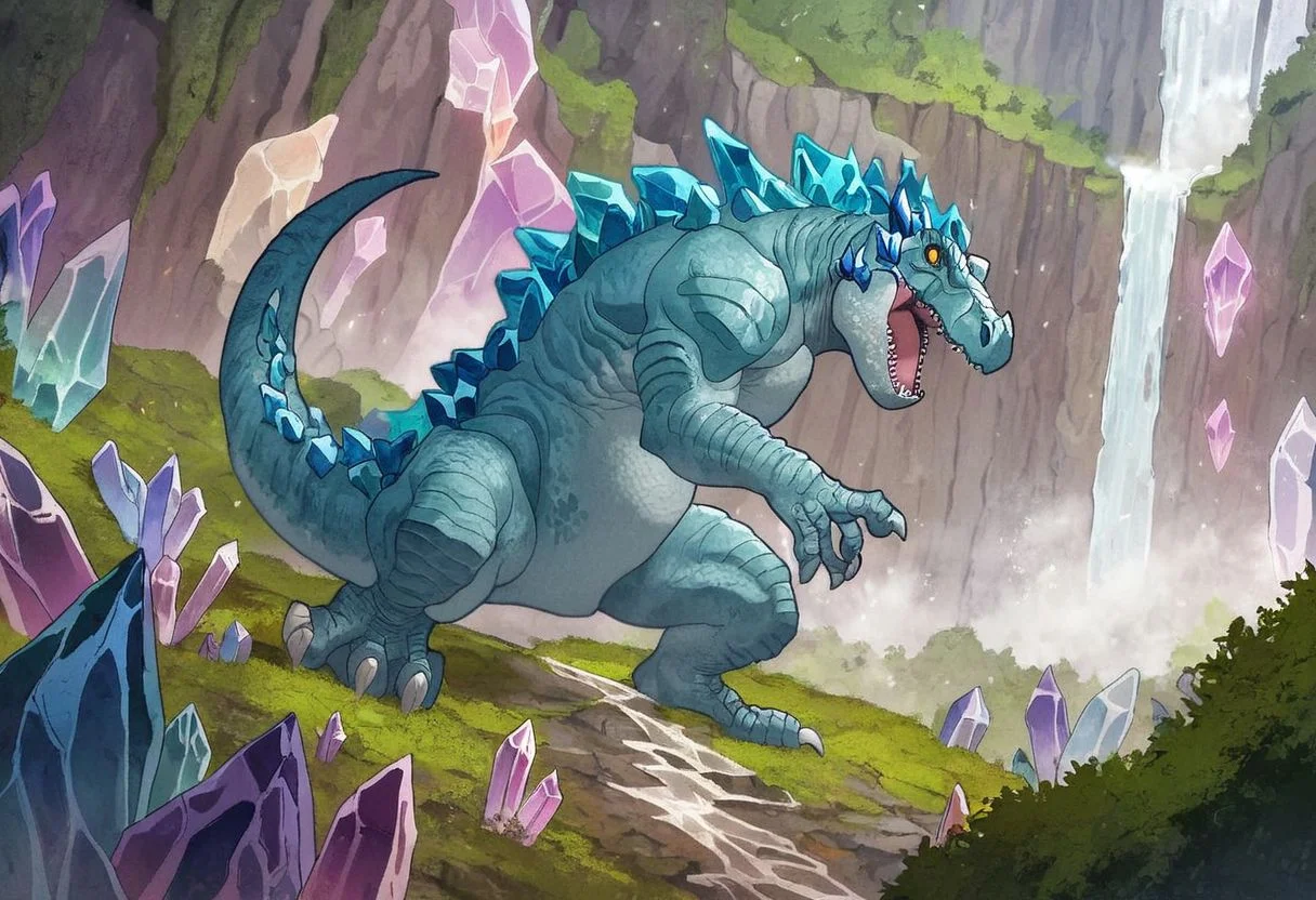 tyrannosaurus rex, score_9, score_8, score_7, score_6, absurdres, source_anime, open_mouth, golem, crystal golem, crystal skin, waterfall, tyrannosaurus rex made of crystals, extra set of eyes, horns,