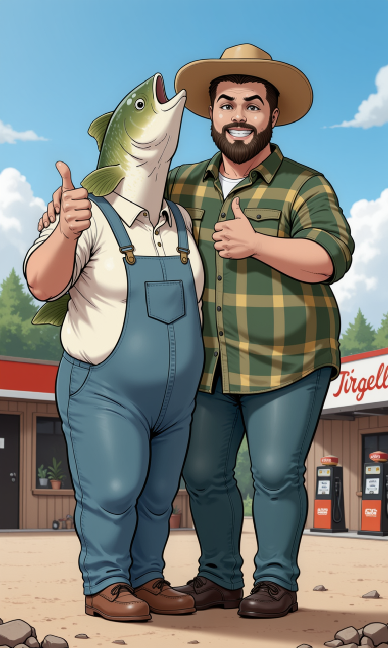 schmedefus3 art of a giant fish wearing overalls who is friends with a man and a the man has one arm around the fish giving a thumbs up, the giant fish has one fin up, the man is smiling and wearing a straw hat and is slightly overweight with a plaid button up shirt and blue jeans with facial hair, he is smiling, the fish just has a normal fish face, they are standing in front of a rural gas station,<lora:schmedefus3_flux.safetensors:1.0:1.0>