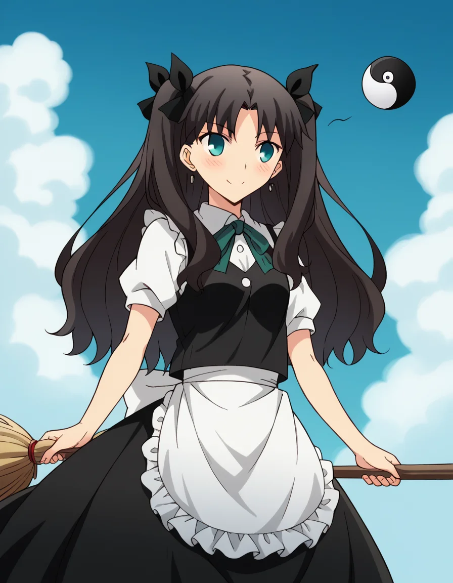 score_9, score_8_up, score_7_up, source_anime, rintohsaka, <lora:rin-tohsaka-ubw-ponyxl-lora-nochekaiser:1>, rin tohsaka, aqua eyes, black hair, hair ribbon, long hair, ribbon, sidelocks, two side up, parted bangs,, <lora:kirisame-marisa-cosplay-ponyxl-lora-nochekaiser:1>, kirisamemarisacosplay, kirisame marisa \(cosplay\), apron, black dress, black hat, black vest, dress, earrings, frilled dress, frills, green bow, hat, jewelry, maid apron, shirt, short sleeves, vest, white apron, white bow, white shirt, witch hat, yin yang, yin yang orb,, outdoors, sky, blue sky, clouds, blush, broom, brood riding, smile,, cowboy shot, dutch angle, solo,