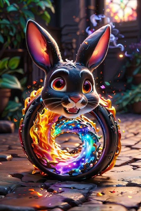 <lora:add-detail-xl:0.5>, motion, black flame, rabit, black fire, white fire, colorful galaxy, light ring, <lora:EldritchImpressionismXL1.5:0.3>, masterpiece, best quality, Designed by Bage <lora:Cute_3D_Cartoon:1>, <lora:animeoutlineV4_16:0.32>