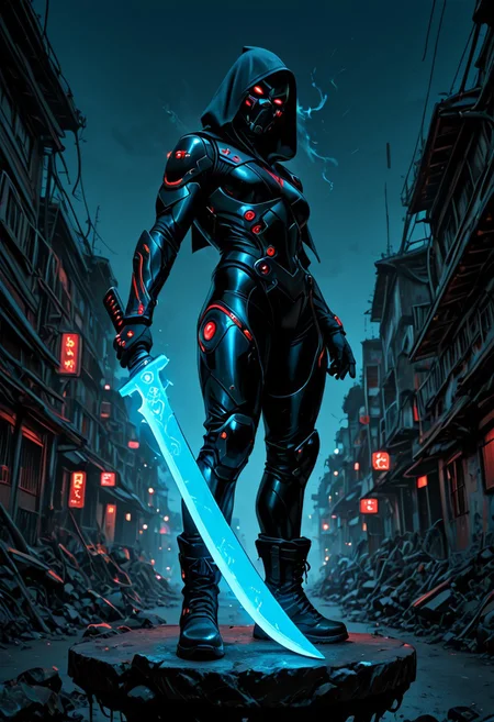 photorealistic, realistic skin, deep colour, high contrast, hyperdetailed, matte digital painting, trending on artstation, sharp edges, precise, clear focus, detailed face, face focus, sideview, wide shot, looking at viewer,
futuristic, gritty.
line art, ink art of a woman, solo, soldier, enigmatic, (glowing red eyes), matte black modular suit of armor, molded armour, whole body protection, heavy boots, holding a katana, (blue glowing blade:1.5), ready to fight, fighting stance. Deep hood, black face mask, pale skin,
background war-torn urban landscapes, dramatic lighting, dynamic angle, whole body, face focus, high contrast, deep shadows, distant fires, smoky sky, matte painting,
emwv2-illu