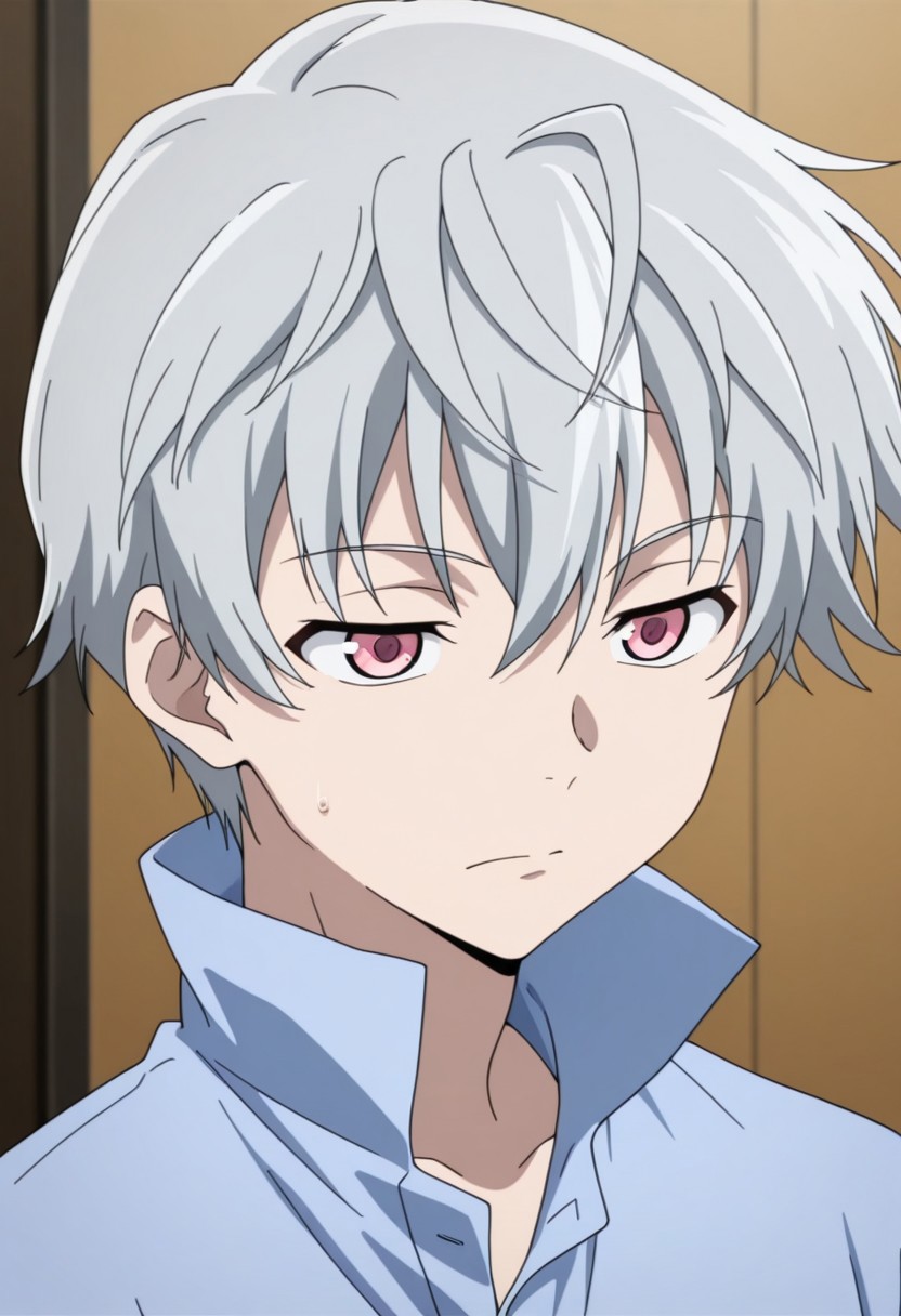 masterpiece,best quality,amazing quality, source_anime, 
aruakise, 1boy, male focus, solo, pink eyes, grey hair, shirt, blue shirt, high collar,