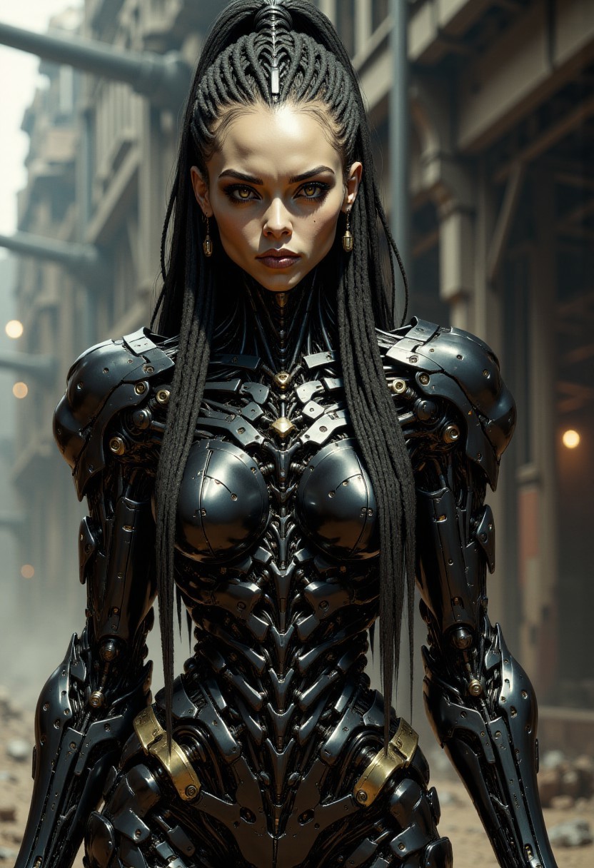 a highly detailed CGI digital artwork depicting a futuristic, cyberpunk-themed female character with a blend of human and robotic elements. The subject is a young woman with pale, almost ghostly skin and strikingly large, vibrant green eyes. Her hair is styled in intricate, long braids adorned with metallic beads and extensions, cascading down her shoulders and blending seamlessly into her robotic arm. Her expression is intense and slightly menacing, with dark, dramatic makeup accentuating her high cheekbones and full lips.
The character's upper body is encased in a sleek, black, high-tech exoskeleton, merging seamlessly with her natural skin. The armor is adorned with various metallic textures, intricate wiring, and small, glowing lights, giving it a highly advanced, almost organic appearance. The robotic arm is particularly detailed, featuring flexible joints and mechanical components, with a metallic sheen that reflects light.
The background is a blurry, industrial setting with a muted color palette dominated by grays and blacks, featuring indistinct machinery and light sources, suggesting a high-tech, dystopian environment. The overall composition is dark and moody, enhancing the cyberpunk aesthetic and the character's mysterious, almost otherworldly presence. articyborg, in the style of artics