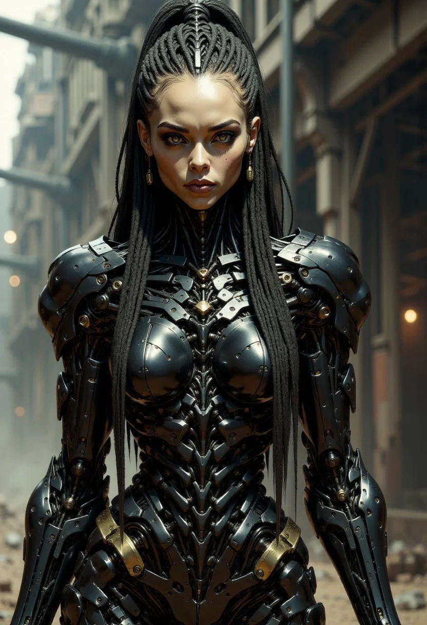 a highly detailed CGI digital artwork depicting a futuristic, cyberpunk-themed female character with a blend of human and robotic elements. The subject is a young woman with pale, almost ghostly skin and strikingly large, vibrant green eyes. Her hair is styled in intricate, long braids adorned with metallic beads and extensions, cascading down her shoulders and blending seamlessly into her robotic arm. Her expression is intense and slightly menacing, with dark, dramatic makeup accentuating her high cheekbones and full lips.
The character's upper body is encased in a sleek, black, high-tech exoskeleton, merging seamlessly with her natural skin. The armor is adorned with various metallic textures, intricate wiring, and small, glowing lights, giving it a highly advanced, almost organic appearance. The robotic arm is particularly detailed, featuring flexible joints and mechanical components, with a metallic sheen that reflects light.
The background is a blurry, industrial setting with a muted color palette dominated by grays and blacks, featuring indistinct machinery and light sources, suggesting a high-tech, dystopian environment. The overall composition is dark and moody, enhancing the cyberpunk aesthetic and the character's mysterious, almost otherworldly presence. articyborg, in the style of artics