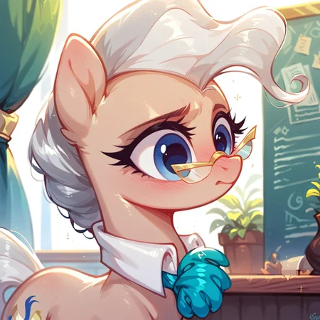 rating_safe, score_9, score_8_up, score_7_up, pony, feral, cute, Mayor Mare, 1girl, non-human, glasses, blue eyes, beige skin, quadruped, animal, pony, gray hair, tail, indoors, pretty face, curvy and petite, heavy blush, light makeup, volumetric lighting, vivid colours, detailed, shiny