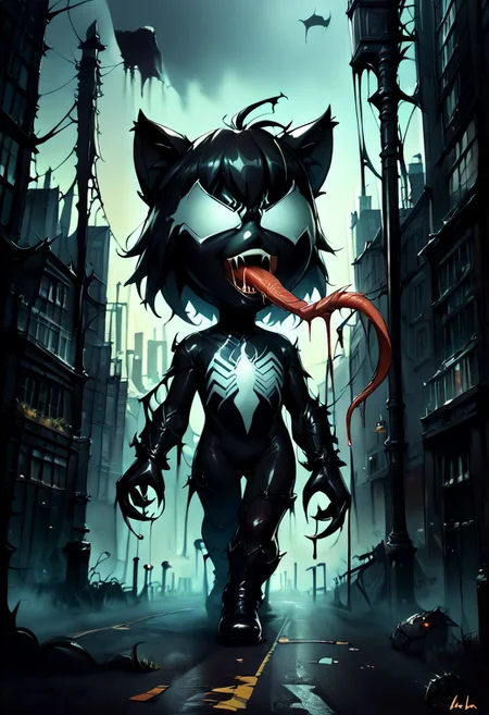 score_9, score_8_up, score_7_up, soruce_anime, fca style, cover in black goo, 1girl, solo, necoarc, black hair, face covered in black goo, cat ears, :3, smile, chibi, s1m13073, saliva, ((long tongue:1.1)), claws, black bodysuit, no humans, sharp teeth, ((no eyes:1.2)), monster, ((angry eyes:1.1)), ((open mouth:1.1)), ((hunchback:1.1)), hissing, screeching, outdoors, city, lone alleyway, NightScapes, ((nighttime:1.2)), looking at viewer