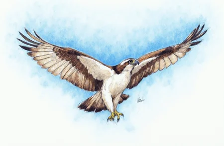 Sharp image of a rough sketch, rendered in vibrant multi colour ballpoint pen, capturing the adorable features of an osprey in flight, with its wings spread wide. The bird is in the center of the image, with the body of the bird facing towards the right side of the frame. Its wings are spread wide, and its talons are extended upwards, as if it is about to take off. The background is a clear blue sky, and the bird's feathers are a mix of brown and white, with some hints of black and white. The ospreys appear to be in mid-flight, with their talons extended and their beak slightly open. The image is taken from a low angle, looking up at the bird.  p3nsk, <lora:p3nsk:1>