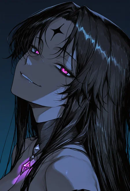 high contrast, masterpiece, best quality, amazing quality, very aesthetic, high resolution, ultra-detailed, absurdres, 1girl, solo, Helem, black hair, long hair, forehead mark, chest gem, cusero, late night, addmicrodetails, evil smile, portrait, close-up, head tilt, from side, looking at viewer, gradient background,
