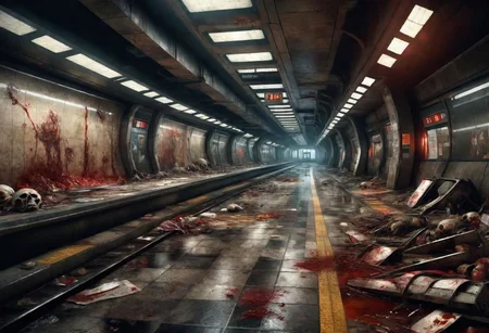 EdobHorrorLandscape,
A landscape of a deserted metro station,
hopeless, nightmare, broken lights,
trash, corpses, blood, skelettons,
HDR, HD textures, intricated details, 8k,