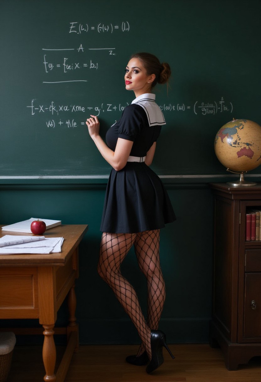 20 year old woman with her back to the camera, standing sideways next to a dark green chalkboard covered in handwritten physics equations and formulas. She is wearing a short, dark-colored, possibly black, dress that resembles a school uniform. The dress has a white Peter Pan collar or a similar detail at the neckline and seems to have a slight A-line shape. Her most striking features are her black fishnet stockings, which are detailed with vertical lines of stitching or pattern running down the back of her legs. These stockings are held up by a garter belt which is partly visible. 
Her hair is styled in a simple updo, pulled back neatly, and she appears to be in the process of writing more equations on the board. Her posture is suggestive, leaning back against the desk, her bottom half emphasized by the stockings and the way her dress sits. High heels are visible on her feet, further enhancing her body shape.
The setting is a classroom or study. The chalkboard is prominently featured, and a wooden desk is visible to the left, with some papers or books stacked on it and a single apple lying on top. There is also an old-fashioned globe and a stack of books on a dark wooden cabinet or desk to the right of the chalkboard. 
The academic setting and the physics equations create a sense of intellect and seriousness. the woman's attire and pose introduce a strong element of sexuality and provocation, creating a clear juxtaposition between intellectual and sensual elements.