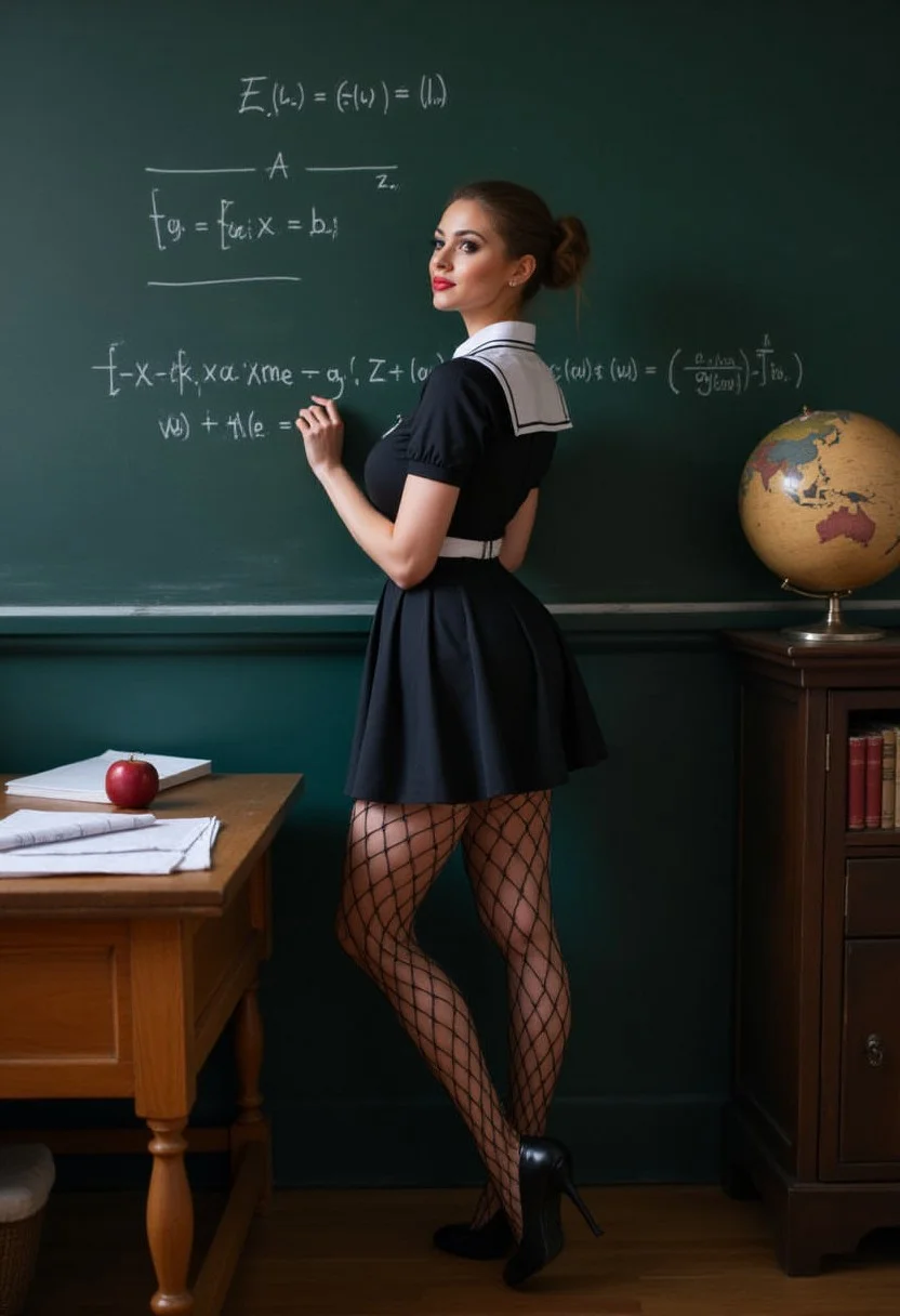 20 year old woman with her back to the camera, standing sideways next to a dark green chalkboard covered in handwritten physics equations and formulas. She is wearing a short, dark-colored, possibly black, dress that resembles a school uniform. The dress has a white Peter Pan collar or a similar detail at the neckline and seems to have a slight A-line shape. Her most striking features are her black fishnet stockings, which are detailed with vertical lines of stitching or pattern running down the back of her legs. These stockings are held up by a garter belt which is partly visible.
Her hair is styled in a simple updo, pulled back neatly, and she appears to be in the process of writing more equations on the board. Her posture is suggestive, leaning back against the desk, her bottom half emphasized by the stockings and the way her dress sits. High heels are visible on her feet, further enhancing her body shape.
The setting is a classroom or study. The chalkboard is prominently featured, and a wooden desk is visible to the left, with some papers or books stacked on it and a single apple lying on top. There is also an old-fashioned globe and a stack of books on a dark wooden cabinet or desk to the right of the chalkboard.
The academic setting and the physics equations create a sense of intellect and seriousness. the woman's attire and pose introduce a strong element of sexuality and provocation, creating a clear juxtaposition between intellectual and sensual elements.