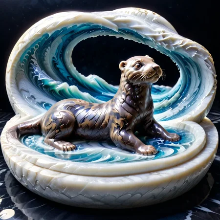 lazypos. A marble otter, surfing a wave made of Geeky Liquid Marble, over a black surfboard