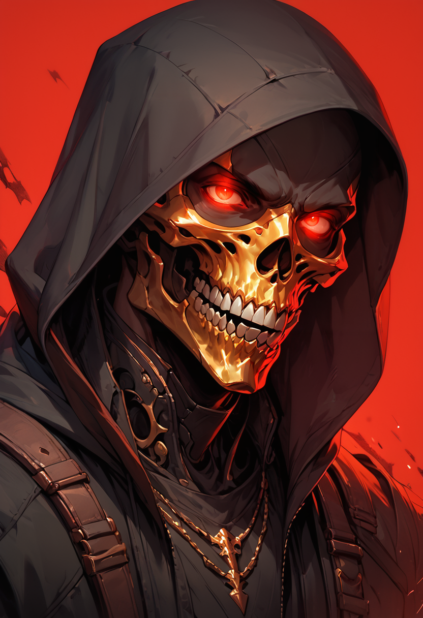 (score_9, score_8_up), score_7_up, zPDXL, solo, looking at viewer, red eyes, 1boy, male focus, teeth, hood, mask, glowing, portrait, glowing eyes, red background, hood up, skull, mouth mask, red theme, skull mask
<lora:BioPunky:0.9>