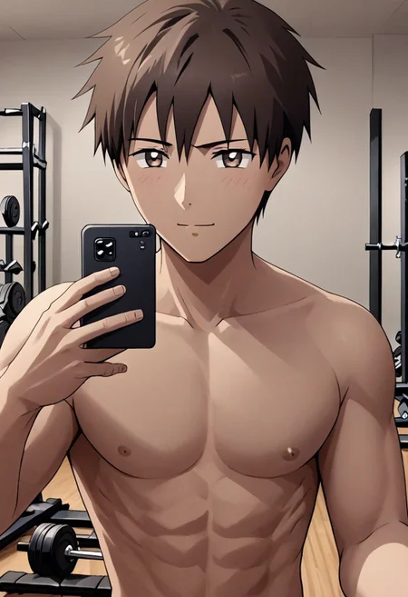 high resolution, solo, best quality, 1Boy, Takaki Toono, Brownish Hair, Brown Eyes, Gym, sixpack, shirtless, selfie, OverallDetail
