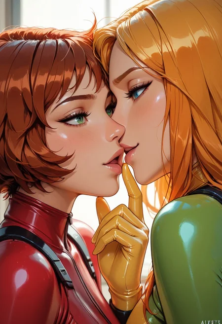 highres, very detailed, amazing quality, masterpiece,
very aesthetic,
particle effect,
3girls, multiple girls, \(totally spies\), (samts orange hair, green eyes, long hair, green bodysuit), (cloverts, short hair blonde hair, blue eyes, red bodysuit), (alexts, short hair, brown hair, brown eyes, yellow bodysuit),red bodysuit, green bodysuit, yellow bodysuit,
seducing, seductive, flirty, tender, loving, playful,
Close up,