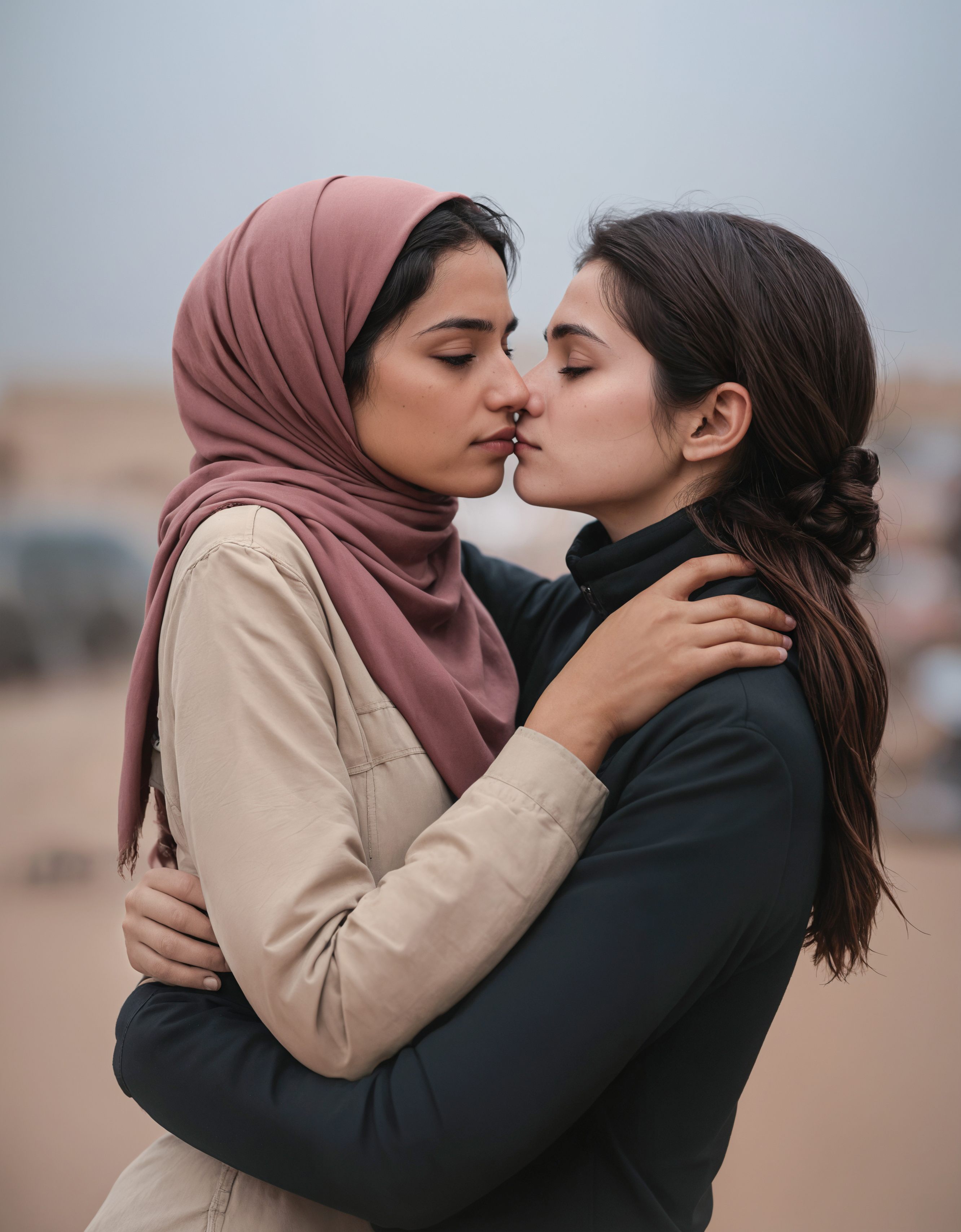 (Cinematic Photo:1.3) of (Ultrarealistic:1.3),(Romantic:1.3) close-up, girl kissing and hugging a girl wearing a headscarf in iran, hijab, zavy-cnmtc, iran, sunset, (rim light:1.3), (rain:1.3),Highly Detailed,(Muted Colors:1.3)