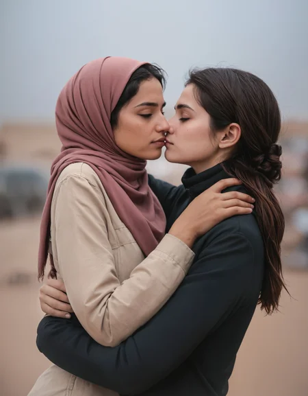 (Cinematic Photo:1.3) of (Ultrarealistic:1.3),(Romantic:1.3) close-up, girl kissing and hugging a girl wearing a headscarf in iran, hijab, zavy-cnmtc, iran, sunset, (rim light:1.3), (rain:1.3),Highly Detailed,(Muted Colors:1.3)
